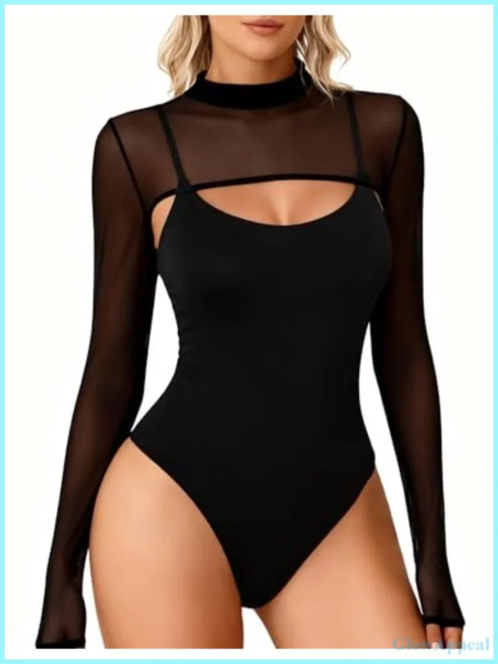 Long Sleeve Mesh Bodysuit Mock Neck Two-Piece Thong Shapewear